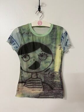 Women’s Short Sleeve Graphic Mesh Tee in Green Y2K